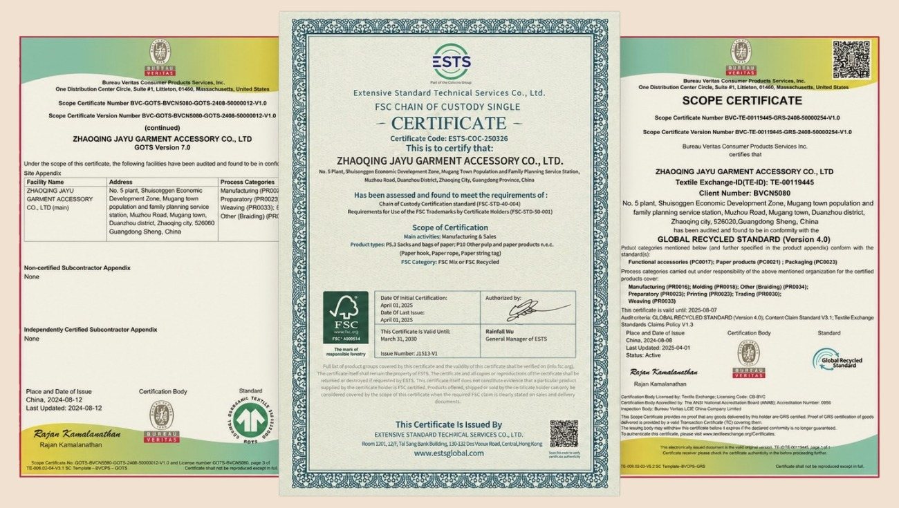 GOTS, FSC and GRS certificates